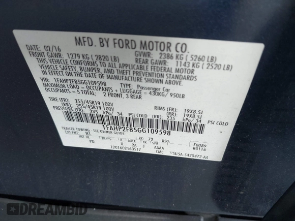 2016 Ford Taurus Limited with VIN 1FAHP2F85GG109598, listed as a IAAI auction lot 42534884 with 130,725 mi miles and . Bid and sale history available at DreamBid. Image 9.