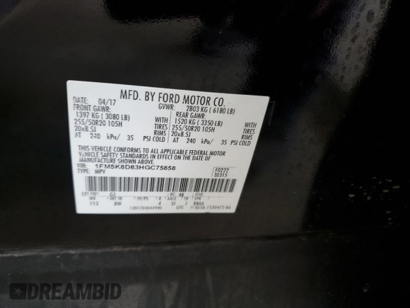 2017 Ford Explorer XLT с VIN 1FM5K8D83HGC75858, выставлен на аукционе Copart как лот 60370635 с пробегом 142 487 миль миль и На запчасти • Non repairable. История ставок и продаж доступна на DreamBid. Изображение 13.