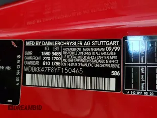 2000 Mercedes-Benz SLK 230 Kompressor with VIN WDBKK47F8YF150465, listed as a Copart auction lot 82610754 with 87,581 mi miles and Clean title. Bid and sale history available at DreamBid. Image 12.