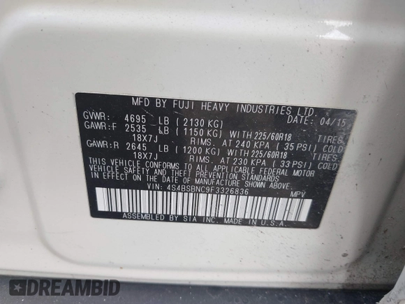 2015 Subaru Outback Limited with VIN 4S4BSBNC9F3326836, listed as a IAAI auction lot 40908604 with 135,003 mi miles and . Bid and sale history available at DreamBid. Image 9.