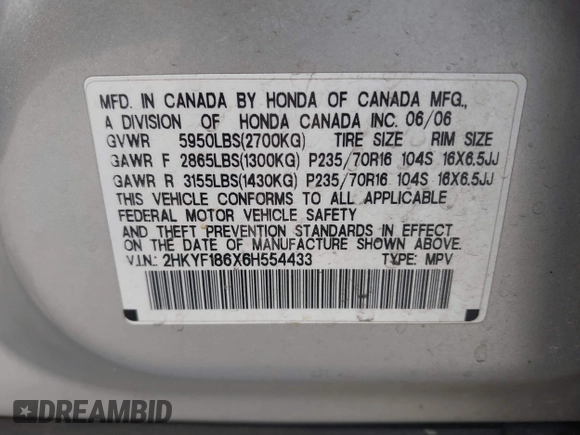 2006 Honda Pilot EX-L with VIN 2HKYF186X6H554433, listed as a IAAI auction lot 42111274 with 212,610 mi miles and . Bid and sale history available at DreamBid. Image 9.