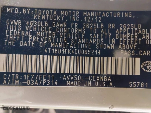 2013 Toyota Camry Hybrid LE with VIN 4T1BD1FK4DU065214, listed as a IAAI auction lot 41541824 with 100,866 mi miles. Bid and sale history available at carsss.com. Image 9.