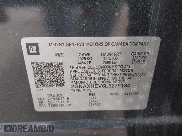 2020 Chevrolet Equinox LS with VIN 2GNAXHEV6L6279184, listed as a IAAI auction lot 41836935 with 19,164 mi miles and . Bid and sale history available at DreamBid. Image 9.