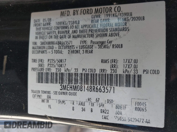 2008 Mercury Milan Premier с VIN 3MEHM08148R663571, выставлен на аукционе IAAI как лот 41802873 с пробегом 229 846 миль миль и . История ставок и продаж доступна на DreamBid. Изображение 9.
