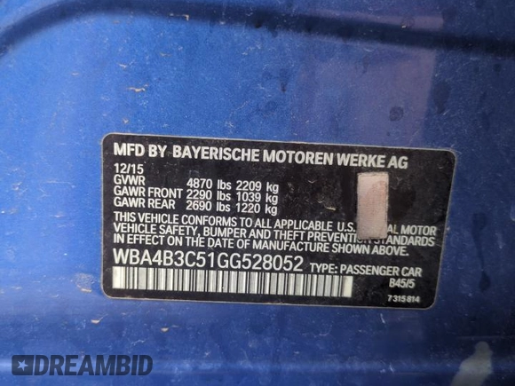 2016 BMW 4 Series 435i xDrive with VIN WBA4B3C51GG528052, listed as a Copart auction lot 53323445 with Not provided miles and Non repairable. Bid and sale history available at DreamBid. Image 12.