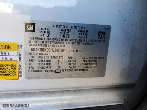 2017 Buick Enclave Leather with VIN 5GAKRBKD8HJ248899, listed as a Copart auction lot 45035735 with 84,845 mi miles and Salvage Title. Bid and sale history available at carsss.com. Image 12.