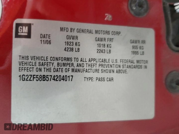 2007 Pontiac G6 1SV Value Leader с VIN 1G2ZF58B574204017, выставлен на аукционе Copart как лот 50736505 с пробегом 84 917 миль миль и Чистый • Clean title. История ставок и продаж доступна на DreamBid. Изображение 12.