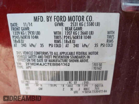 2014 Ford Edge SEL z VIN 2FMDK4JC7EBB61362, wystawiony jako IAAI lot #42159876 z przebiegiem 260 060 mil mil oraz . Historia ofert i sprzedaży dostępna na DreamBid. Obrazek 9.