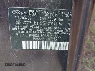 2008 Hyundai Elantra GLS with VIN KMHDU46D28U273030, listed as a IAAI auction lot 42213845 with 225,123 mi miles and . Bid and sale history available at DreamBid. Image 9.