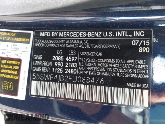 2015 Mercedes-Benz C 300 z VIN 55SWF4JB2FU088476, wystawiony jako IAAI lot #41913454 z przebiegiem 145 179 mil mil oraz . Historia ofert i sprzedaży dostępna na DreamBid. Obrazek 9.