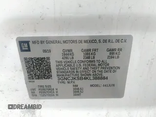 2019 Chevrolet Trax LS with VIN 3GNCJKSB4KL388884, listed as a IAAI auction lot 39924065 with 67,454 mi miles. Bid and sale history available at carsss.com. Image 9.