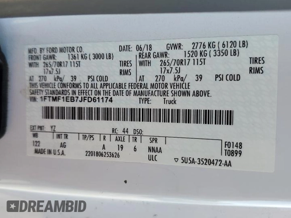 2018 Ford F-150 XL with VIN 1FTMF1EB7JFD61174, listed as a Copart auction lot 62522405 with 141,624 mi miles and Clean title. Bid and sale history available at DreamBid. Image 12.