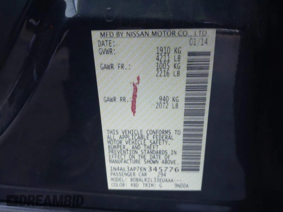 2014 Nissan Altima S with VIN 1N4AL3AP7EN345776, listed as a IAAI auction lot 41856193 with 145,777 mi miles and . Bid and sale history available at DreamBid. Image 9.