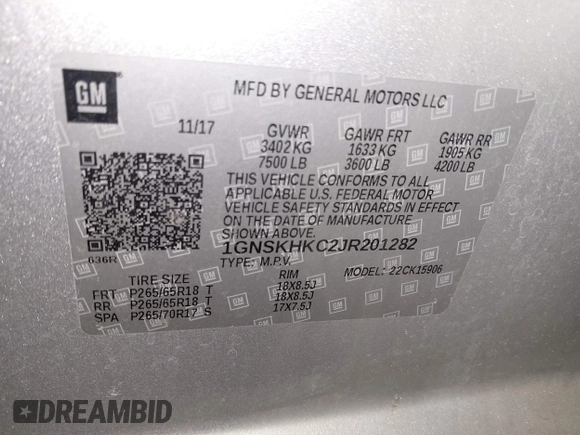 2018 Chevrolet Suburban LT z VIN 1GNSKHKC2JR201282, wystawiony jako IAAI lot #41312994 z przebiegiem 99 783 mil mil oraz . Historia ofert i sprzedaży dostępna na DreamBid. Obrazek 9.
