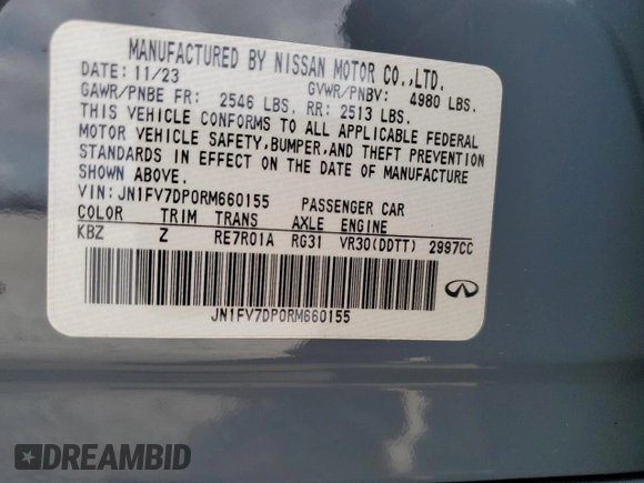 2024 Infiniti Q50 Red Sport 400 with VIN JN1FV7DP0RM660155, listed as a Copart auction lot 44143915 with 5,521 mi miles and Salvage Title. Bid and sale history available at DreamBid. Image 12.