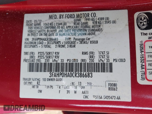 2012 Ford Fusion SE with VIN 3FAHP0HA0CR386683, listed as a IAAI auction lot 42487175 with 104,823 mi miles and . Bid and sale history available at DreamBid. Image 9.