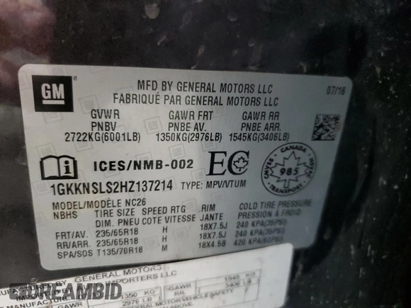 2017 GMC Acadia SLE z VIN 1GKKNSLS2HZ137214, wystawiony jako Copart lot #43227525 z przebiegiem 118 955 mil mil oraz Szkoda całkowita • Salvage title. Historia ofert i sprzedaży dostępna na DreamBid. Obrazek 16.