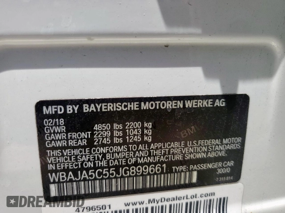 2018 BMW 5 Series 530i with VIN WBAJA5C55JG899661, listed as a Copart auction lot 58302215 with 62,112 mi miles and Salvage title. Bid and sale history available at DreamBid. Image 13.