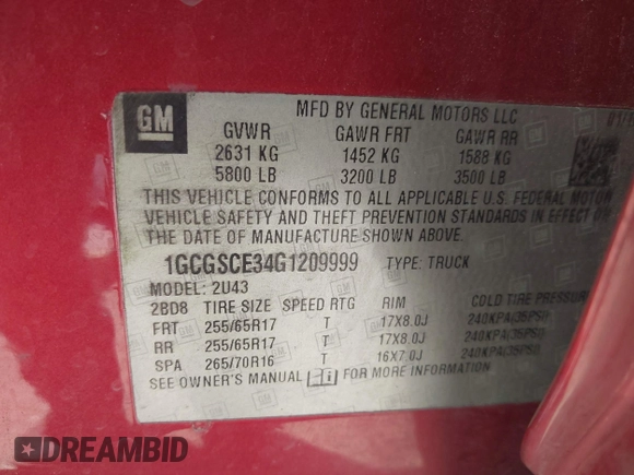 2016 Chevrolet Colorado 2WD LT with VIN 1GCGSCE34G1209999, listed as a IAAI auction lot 42003640 with 211,408 mi miles and . Bid and sale history available at DreamBid. Image 9.