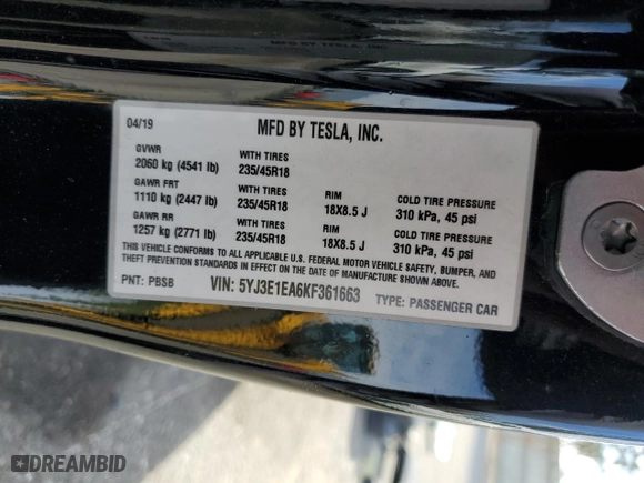 2019 Tesla Model 3 Mid Range with VIN 5YJ3E1EA6KF361663, listed as a Copart auction lot 42558855 with 84,766 mi miles and Salvage Title. Bid and sale history available at carsss.com. Image 15.