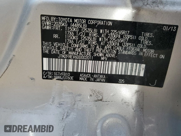 2013 Toyota RAV4 LE with VIN JTMZFREV6DD002011, listed as a Copart auction lot 54904965 with 26,167 mi miles and Salvage Title. Bid and sale history available at carsss.com. Image 12.