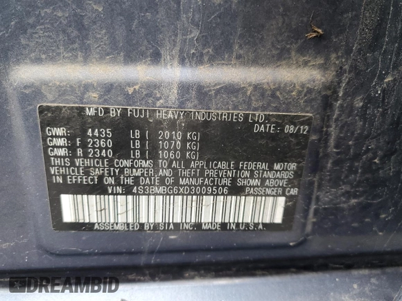 2013 Subaru Legacy Premium with VIN 4S3BMBG6XD3009506, listed as a Copart auction lot 53703915 with 247,223 mi miles and Salvage title. Bid and sale history available at DreamBid. Image 13.