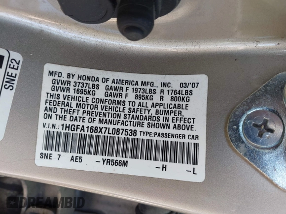 2007 Honda Civic EX with VIN 1HGFA168X7L087538, listed as a IAAI auction lot 41988258 with 139,095 mi miles and . Bid and sale history available at DreamBid. Image 9.