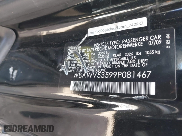 2009 BMW 3 Series 328i xDrive with VIN WBAWV53599P081467, listed as a IAAI auction lot 41754402 with 103,204 mi miles and . Bid and sale history available at carsss.com. Image 9.