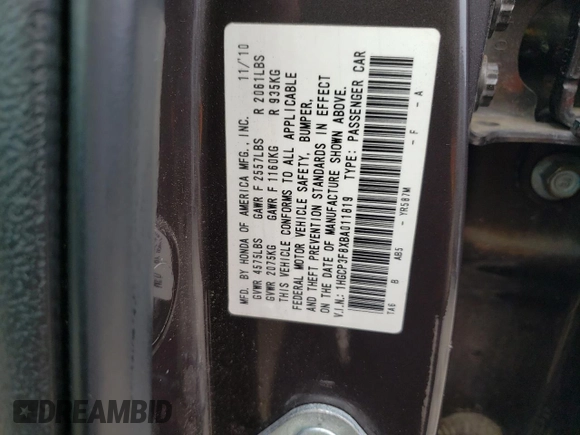 2011 Honda Accord EX-L with VIN 1HGCP3F8XBA011819, listed as a Copart auction lot 60412625 with 164,931 mi miles and Salvage title. Bid and sale history available at DreamBid. Image 12.