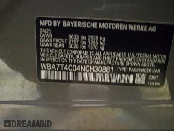 2022 BMW 7 Series 740i xDrive с VIN WBA7T4C04NCH30881, выставлен на аукционе Copart как лот 41772165 с пробегом 23 874 миль миль и Списание • Salvage title. История ставок и продаж доступна на DreamBid. Изображение 12.