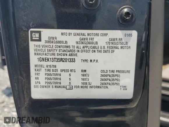 2005 Chevrolet Tahoe Z71 z VIN 1GNEK13T35R201333, wystawiony jako Copart lot #57215075 z przebiegiem 201 476 mil mil oraz Szkoda całkowita • Salvage title. Historia ofert i sprzedaży dostępna na DreamBid. Obrazek 13.