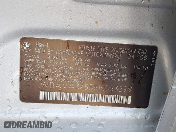 2008 BMW 3 Series 328i with VIN WBAVA37558NL53299, listed as a IAAI auction lot 42706194 with 152,504 mi miles and . Bid and sale history available at DreamBid. Image 9.