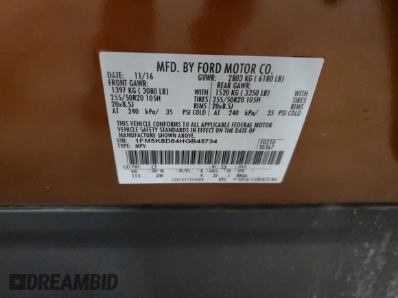 2017 Ford Explorer XLT with VIN 1FM5K8D84HGB45734, listed as a Copart auction lot 55063125 with 89,779 mi miles and Salvage Title. Bid and sale history available at carsss.com. Image 13.