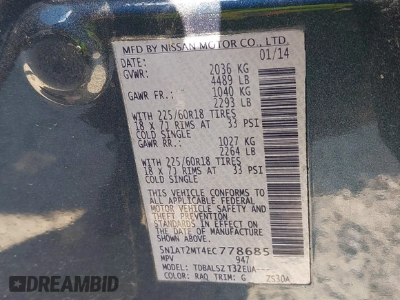 2014 Nissan Rogue SV with VIN 5N1AT2MT4EC778685, listed as a IAAI auction lot 41897568 with 135,922 mi miles and . Bid and sale history available at carsss.com. Image 9.