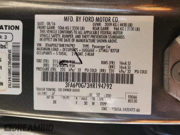 2017 Ford Fusion S with VIN 3FA6P0G73HR194792, listed as a Copart auction lot 47609835 with 133,626 mi miles and Salvage Title. Bid and sale history available at DreamBid. Image 13.