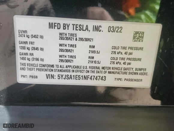 2022 Tesla Model S with VIN 5YJSA1E51NF474743, listed as a Copart auction lot 87316374 with 0 mi miles and Salvage Title. Bid and sale history available at carsss.com. Image 14.