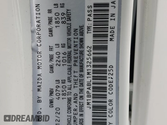 2021 Mazda 3 Select with VIN JM1BPABL1M1325662, listed as a Copart auction lot 51455655 with 65,919 mi miles and Salvage title. Bid and sale history available at DreamBid. Image 12.