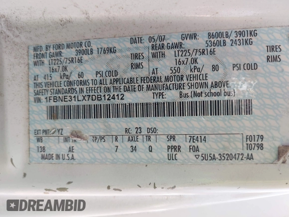 2007 Ford Econoline Passenger XL with VIN 1FBNE31LX7DB12412, listed as a IAAI auction lot 42398061 with 385,181 mi miles and . Bid and sale history available at DreamBid. Image 9.