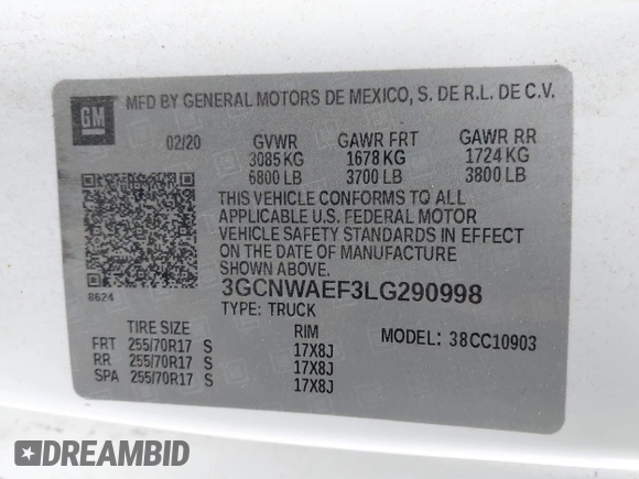 2020 Chevrolet Silverado 1500 Work Truck with VIN 3GCNWAEF3LG290998, listed as a IAAI auction lot 41350711 with 81,856 mi miles and . Bid and sale history available at DreamBid. Image 9.