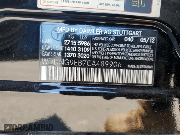 2012 Mercedes-Benz S 550 with VIN WDDNG9EB7CA489906, listed as a Copart auction lot 53797225 with 87,624 mi miles and Clean Title. Bid and sale history available at carsss.com. Image 12.