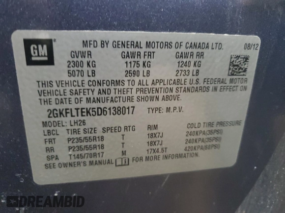 2013 GMC Terrain SLE with VIN 2GKFLTEK5D6138017, listed as a Copart auction lot 54799385 with 166,785 mi miles and Clean Title. Bid and sale history available at carsss.com. Image 13.