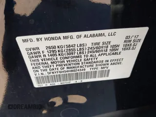 2017 Honda Pilot EX-L with VIN 5FNYF6H54HB024349, listed as a IAAI auction lot 42082517 with 108,000 mi miles and . Bid and sale history available at DreamBid. Image 9.