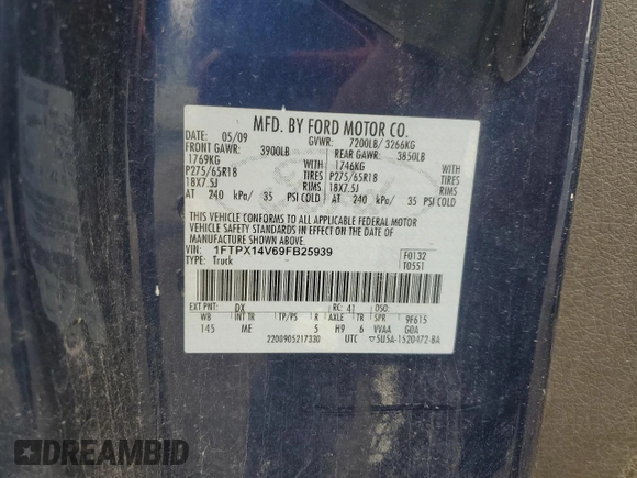 2009 Ford F-150 XL with VIN 1FTPX14V69FB25939, listed as a Copart auction lot 50436685 with 256,699 mi miles and Clean Title. Bid and sale history available at carsss.com. Image 12.