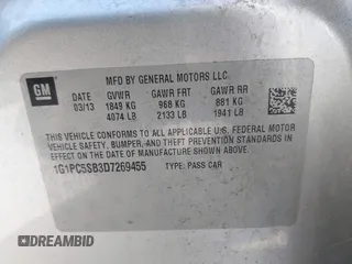 2013 Chevrolet Cruze 1LT with VIN 1G1PC5SB3D7269455, listed as a IAAI auction lot 41770161 with 141,940 mi miles and . Bid and sale history available at DreamBid. Image 9.