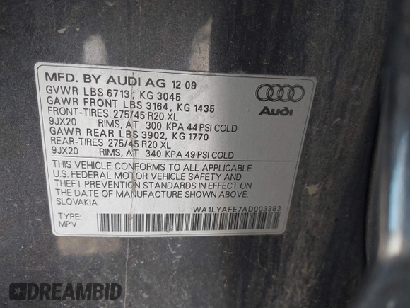 2010 Audi Q7 Premium Plus with VIN WA1LYAFE7AD003383, listed as a IAAI auction lot 41346755 with 264,576 mi miles and . Bid and sale history available at DreamBid. Image 9.