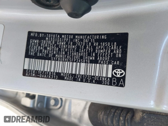 2015 Toyota Corolla L with VIN 5YFBURHE5FP345816, listed as a IAAI auction lot 41982255 with Not Provided miles and . Bid and sale history available at DreamBid. Image 9.
