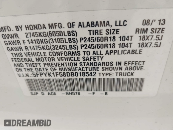 2013 Honda Ridgeline RTL with VIN 5FPYK1F58DB018542, listed as a IAAI auction lot 42465817 with 112,898 mi miles and . Bid and sale history available at DreamBid. Image 9.