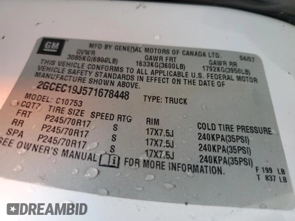 2007 Chevrolet Silverado 1500 LT w/2LT with VIN 2GCEC19J571678448, listed as a Copart auction lot 44227685 with Not Provided miles and Non Repairable. Bid and sale history available at carsss.com. Image 12.