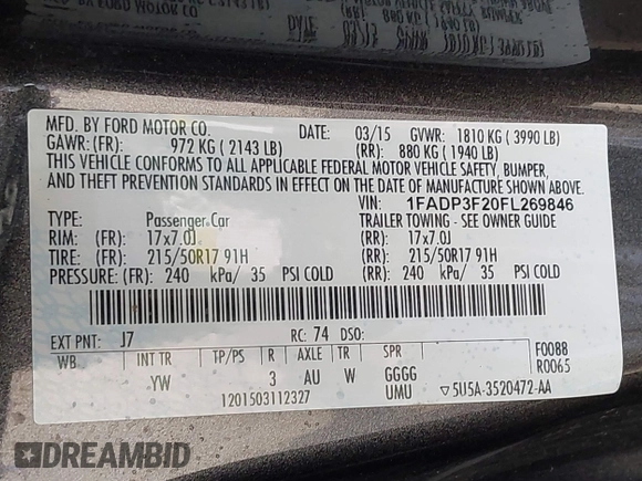 2015 Ford Focus SE with VIN 1FADP3F20FL269846, listed as a IAAI auction lot 42507197 with 143,496 mi miles and . Bid and sale history available at DreamBid. Image 9.