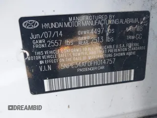 2015 Hyundai Sonata Limited with VIN 5NPE34AF0FH014757, listed as a IAAI auction lot 41394710 with 102,481 mi miles and . Bid and sale history available at carsss.com. Image 9.
